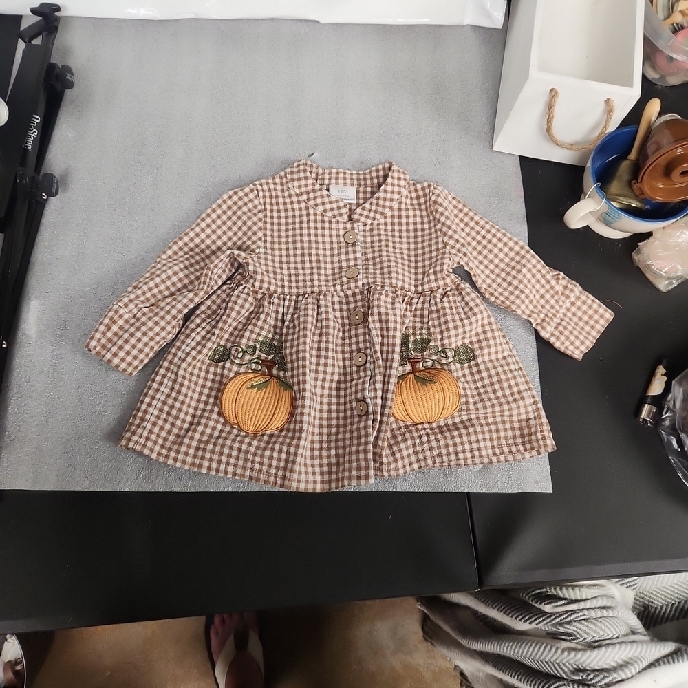 Adorable Brown Checkered Pumpkin Dress for Kids